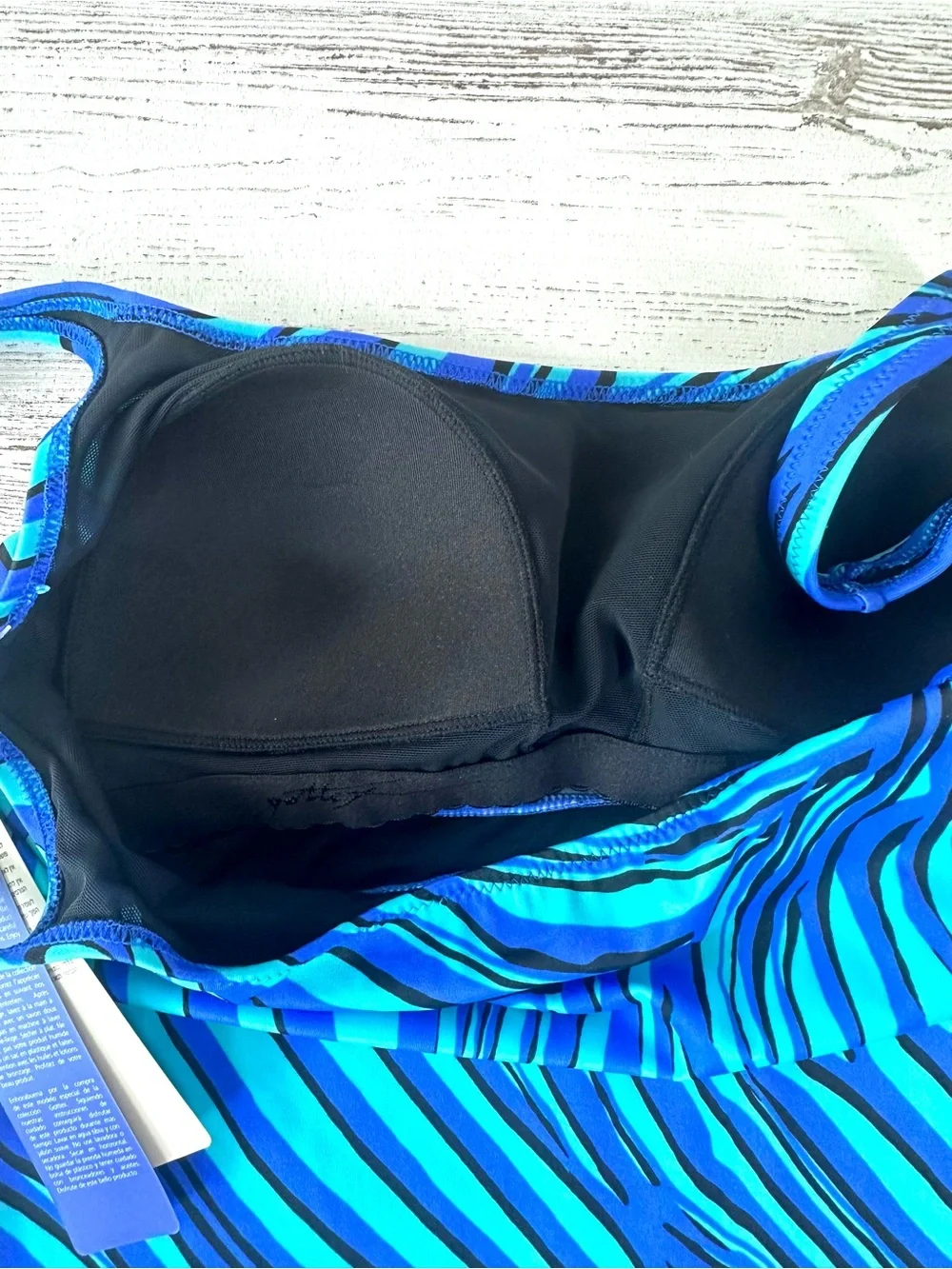 NWT GOTTEX Essential Zebra Print Wireless Tankini Top 10 Blue Black